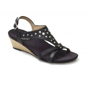 Vionic Catarina Wedge Sandals Black Leather Studded Strappy Shoes Women's Size 8